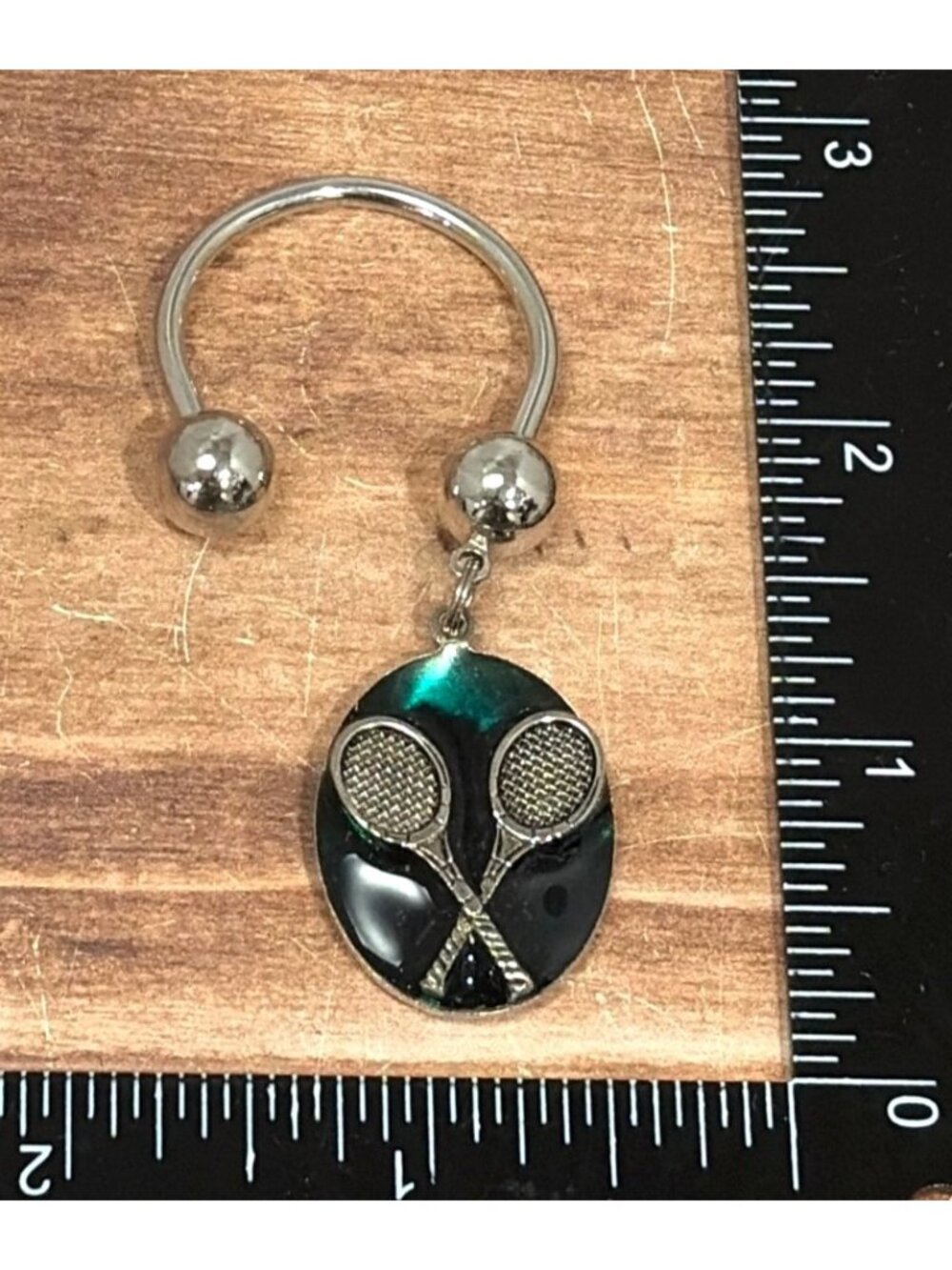 Vintage Tennis Racket Keychain  Green & Black Enamel-Style Front — New Old Stock